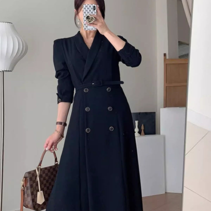 Women Double-Breasted Maxi Coat Dress with Waist Belt and Emphasized Shoulders Mune Fashion