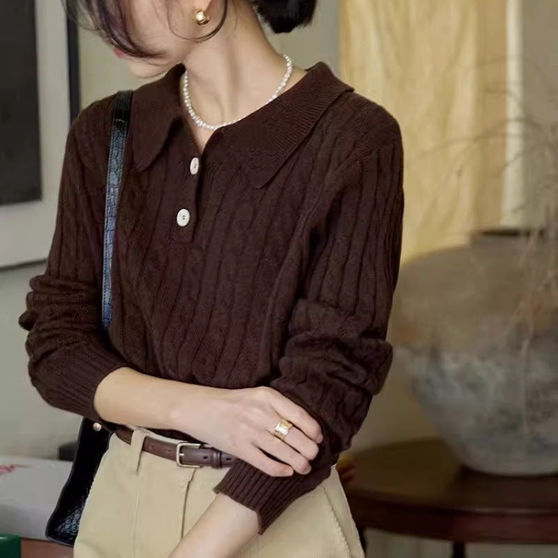 Women’s Polo Collar Braided Knit Sweater with Half Button Placket Mune Fashion