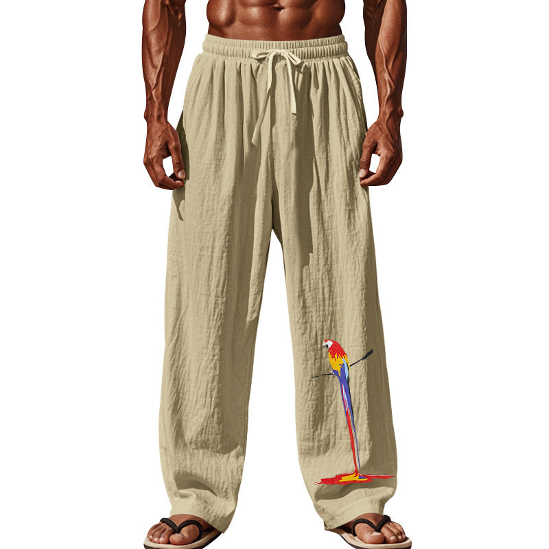 Men's casual linen lounge pants with elastic comfort waistband, drawstring, wide leg, and decorative parrot embroidery Mune Fashion