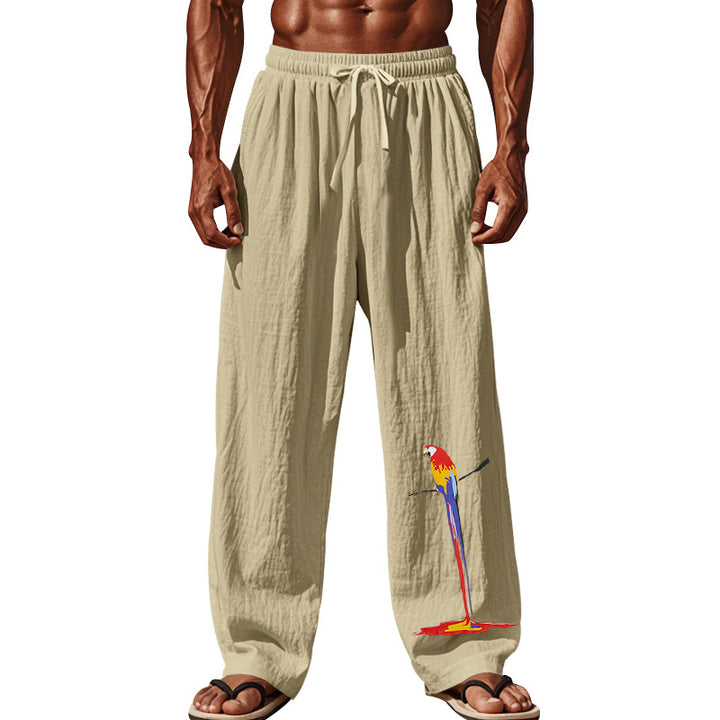 Men's casual linen lounge pants with elastic comfort waistband, drawstring, wide leg, and decorative parrot embroidery Mune Fashion
