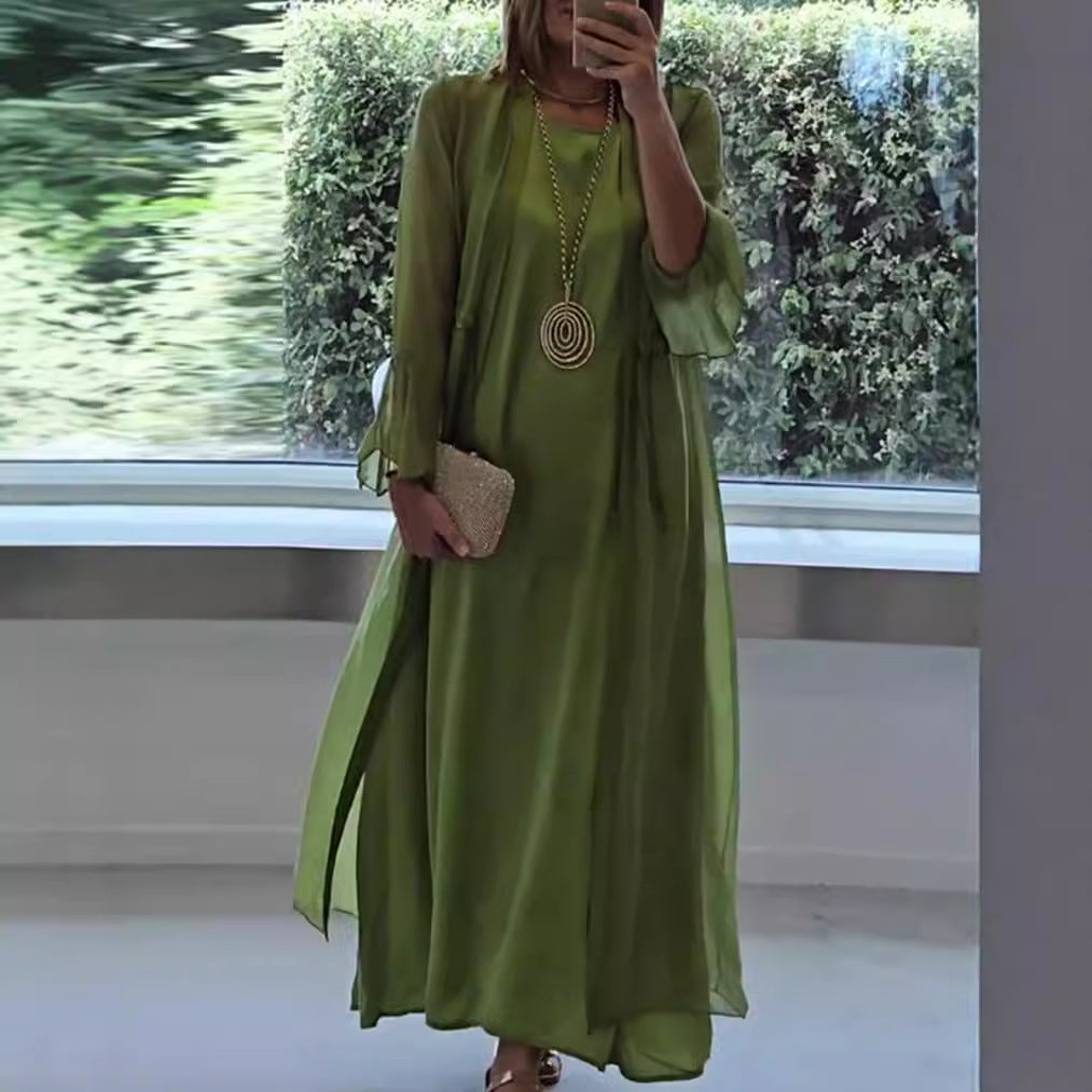 Ladies nan elegant layered evening dress with padded inner dress, transparent chiffon overlay and waist-adjustable ribbons Mune Fashion