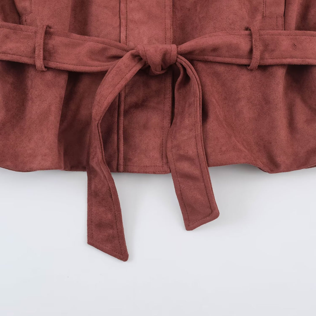 Women's short jacket in velvet look with high funnel collar, concealed closure and waist tie belt Mune Fashion