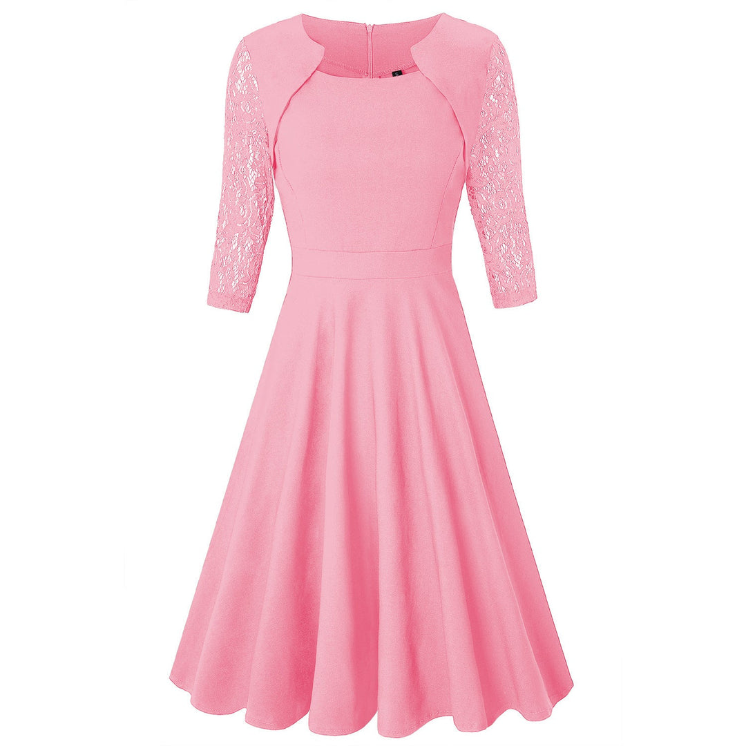 Women's Midi Dress with Lace Sleeves and Flared Skirt Mune Fashion