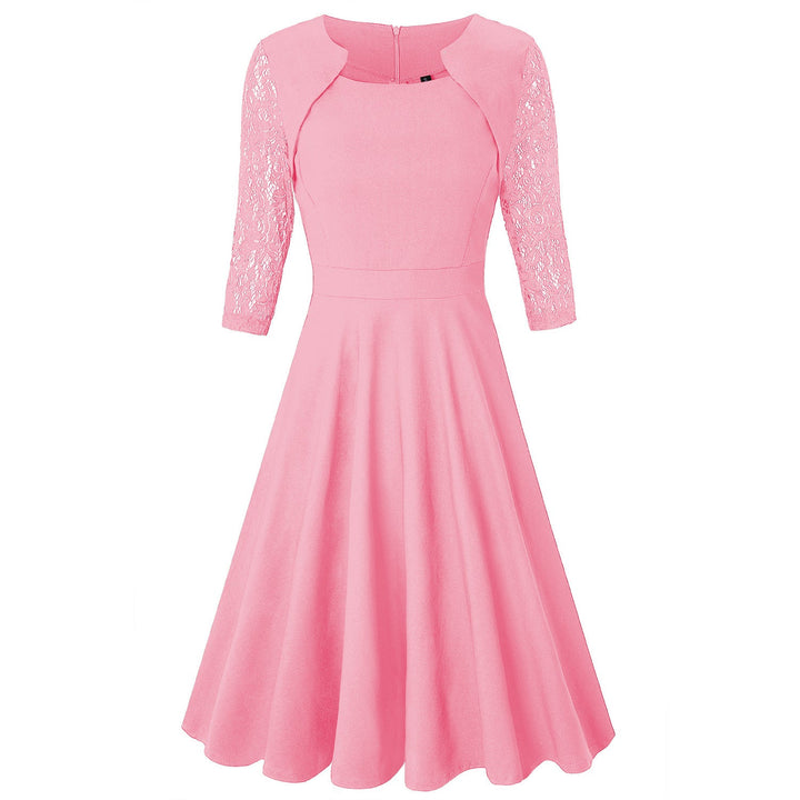 Women's Midi Dress with Lace Sleeves and Flared Skirt Mune Fashion