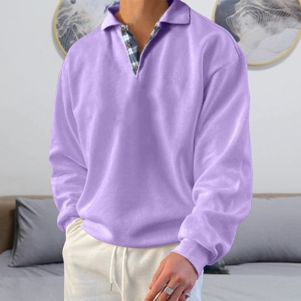 Men's casual long sleeve polo with open V-neck, shirt collar, and check inside placket Mune Fashion