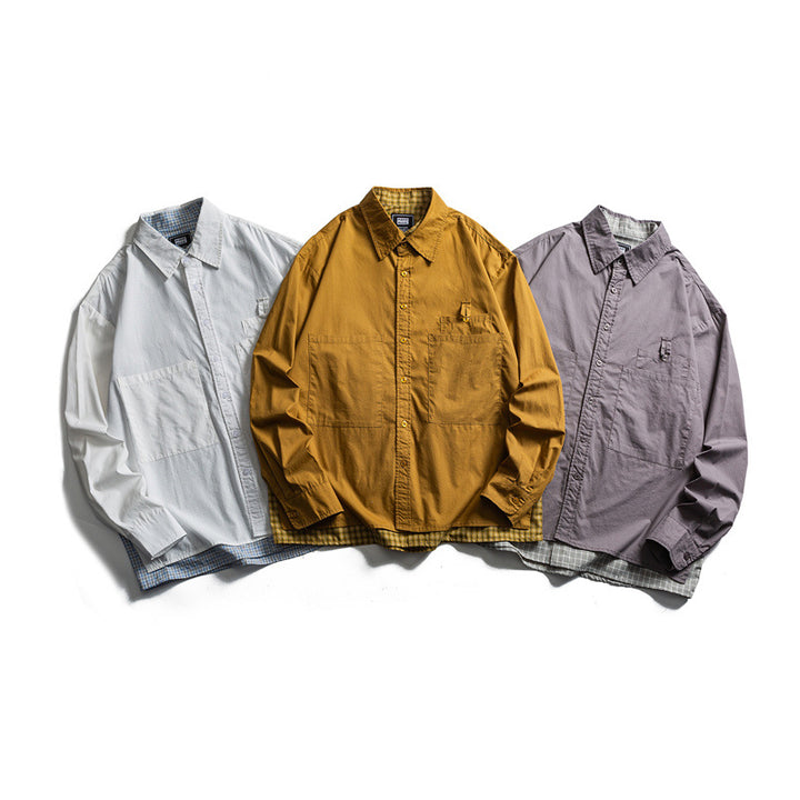 Unisex Oversized Shirt Jacket in Layered Look with Patch Chest Pockets and Check Insert Edge Mune Fashion
