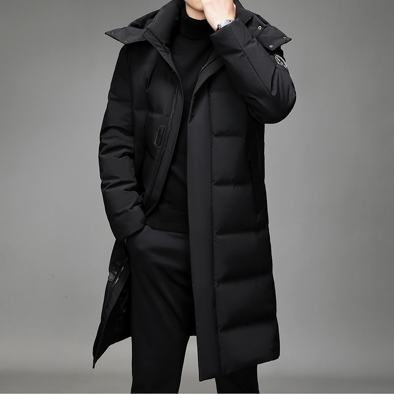 Men's Maxi-Length Thermal Quilted Coat with High Collar and Concealed Front Mune Fashion