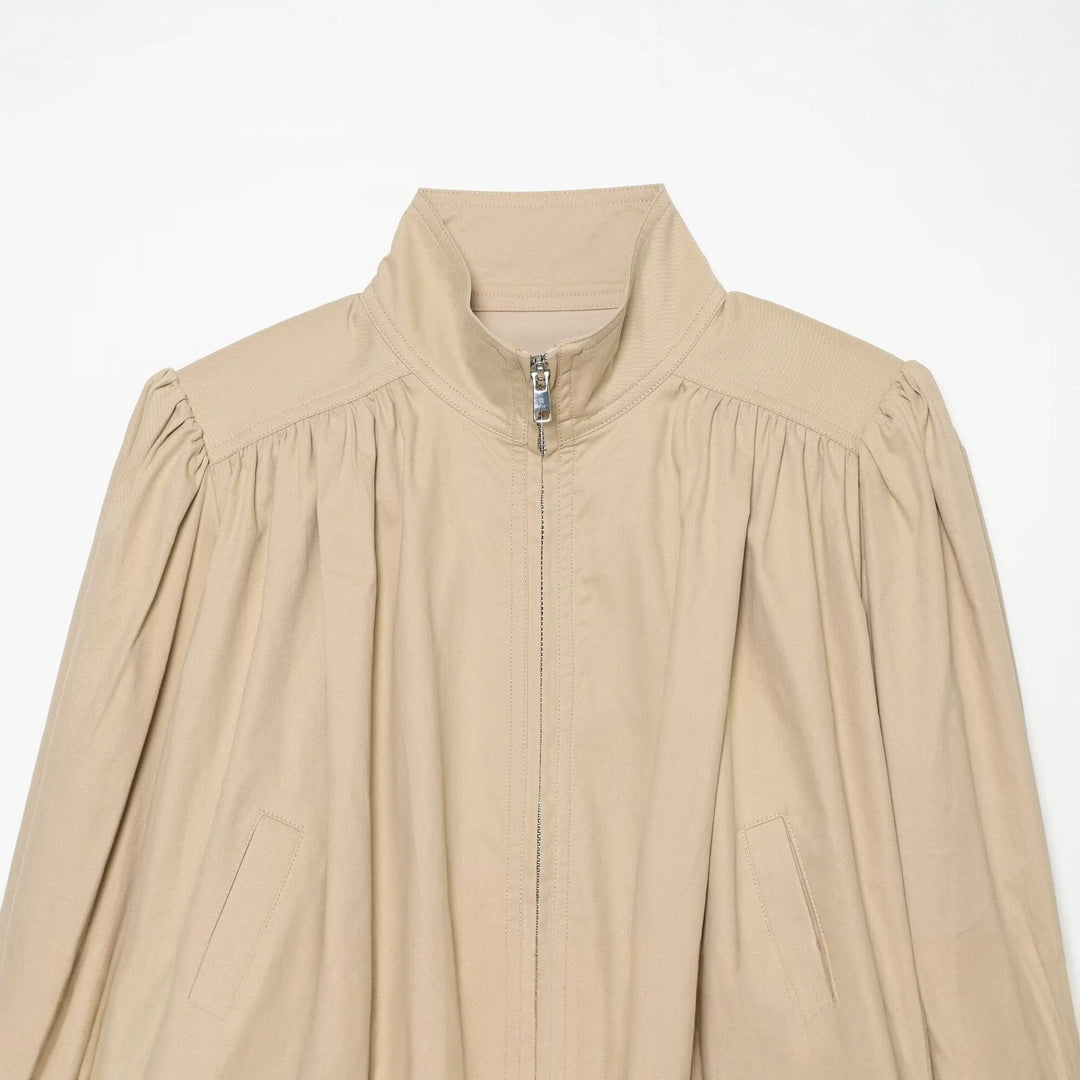 Women’s Lightweight Cropped Jacket with Gathered Shoulders, Stand Collar and Zipper Mune Fashion