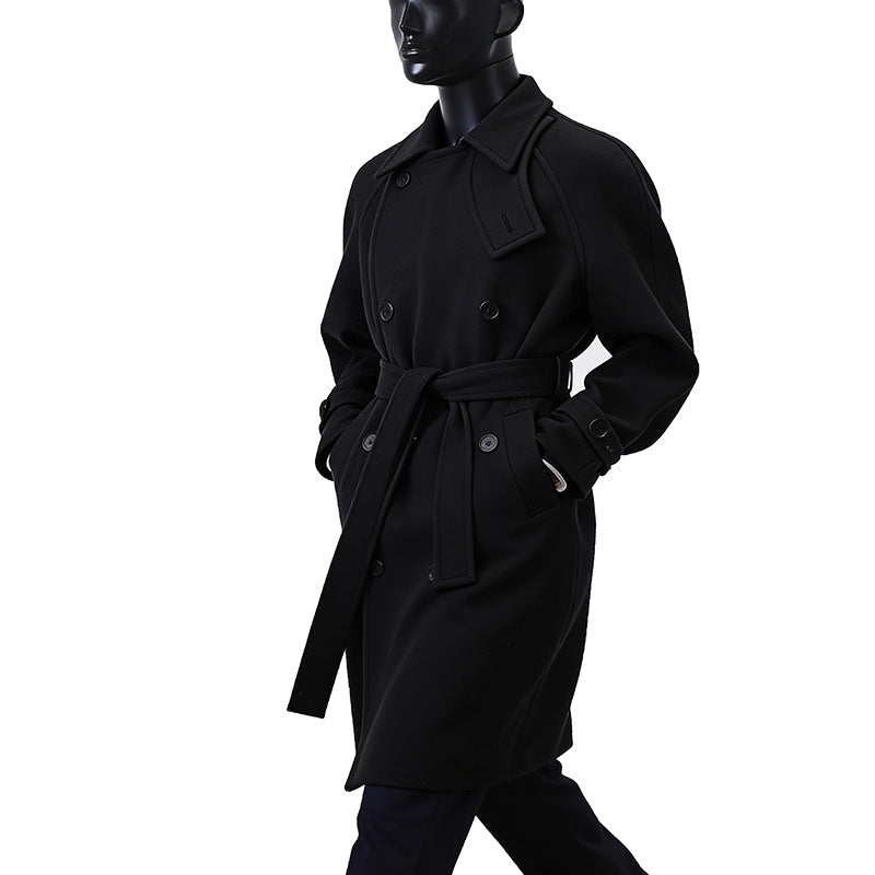 Men's Maxi-Length Double-Breasted Wool Mix Coat with High Stand Collar, Waist Belt and Adjustable Cuff Straps Mune Fashion