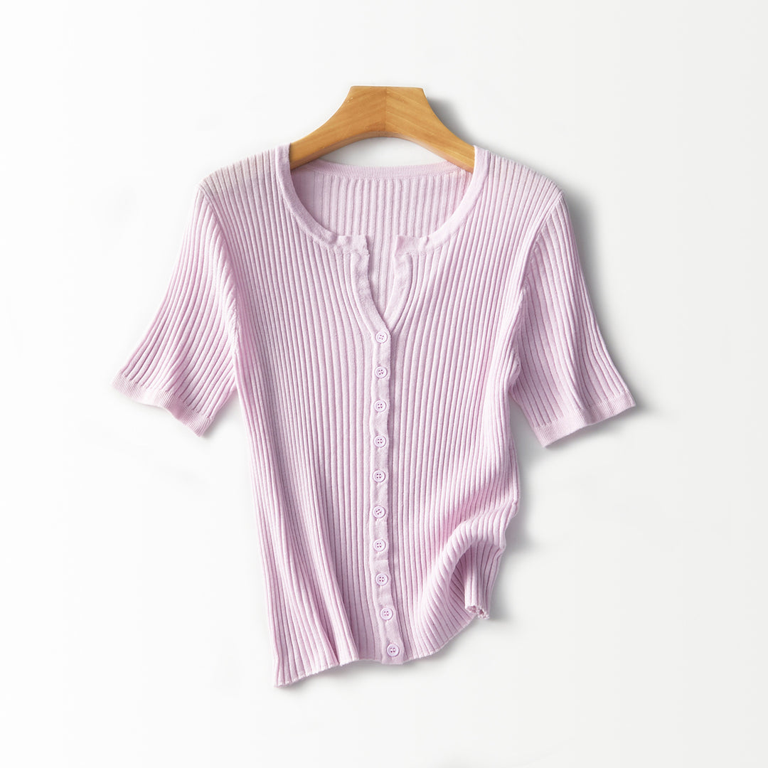 Women's Short-Sleeved Ribbed Button Cardigan from Fine Knit Mune Fashion