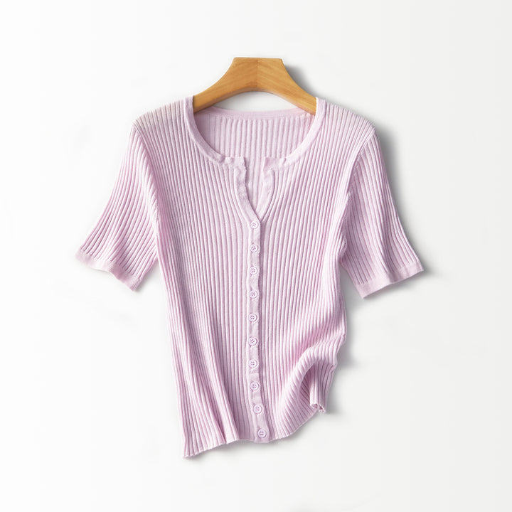 Women's Short-Sleeved Ribbed Button Cardigan from Fine Knit Mune Fashion