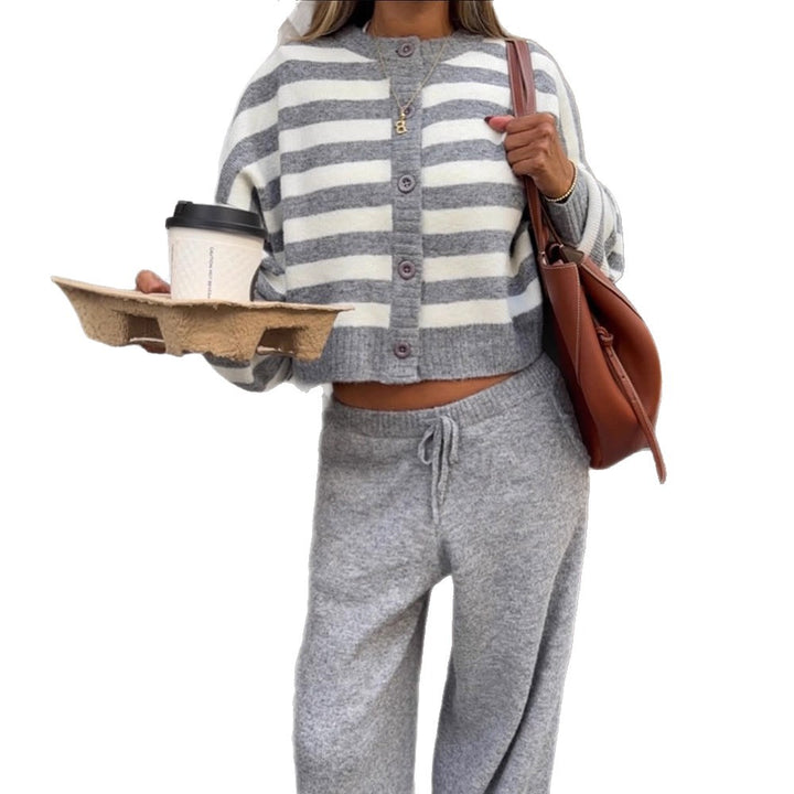 Ladies cropped knit set with striped button jacket, balloon sleeves, and high-waist jogger Mune Fashion