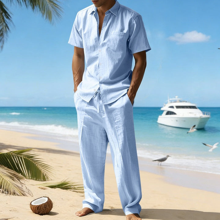 Men's resort-appropriate short-sleeve shirt with chest pocket and casual linen drawstring pants Mune Fashion