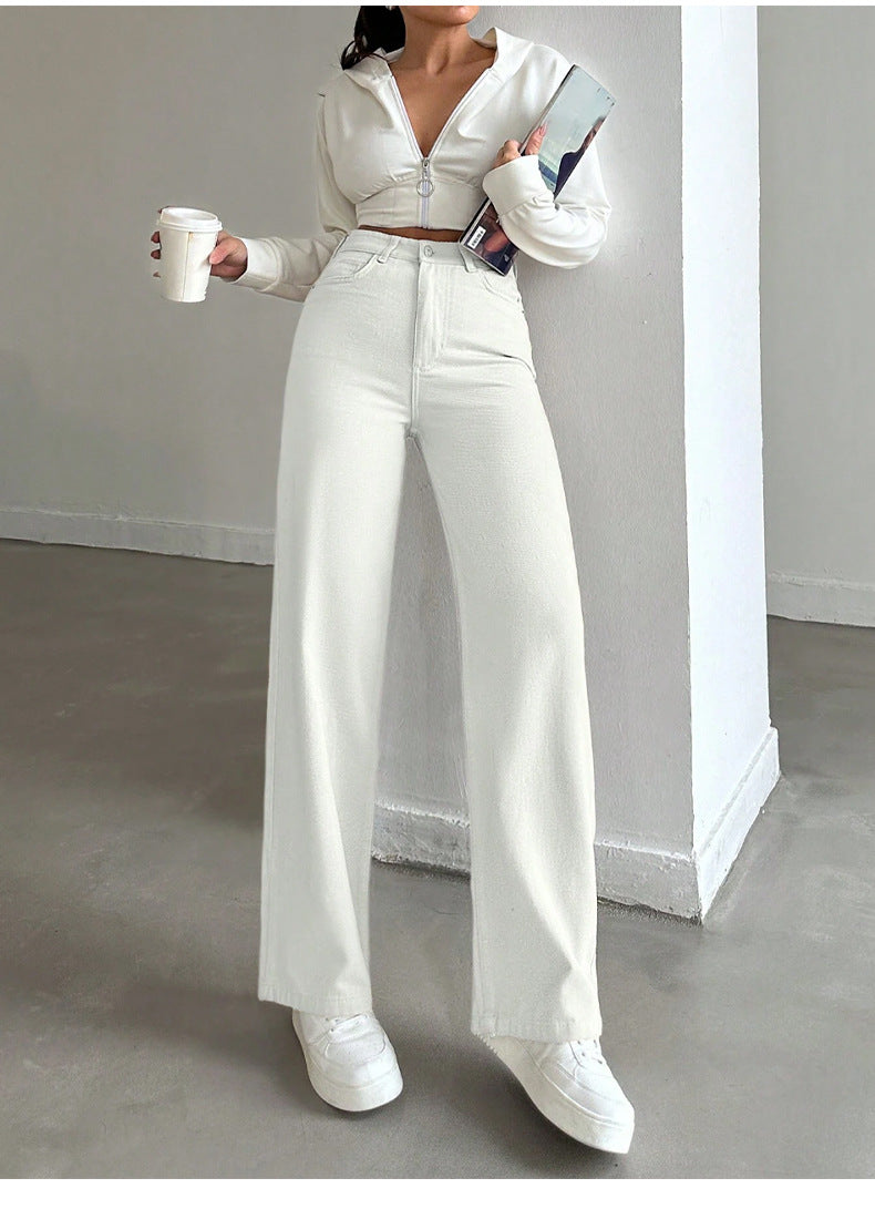 Women's High-Waisted Wide Five-Pocket Pants Made of Stretch Denim with Flared Leg Mune Fashion