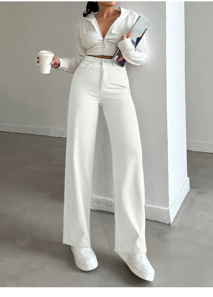 Women's High-Waisted Wide Five-Pocket Pants Made of Stretch Denim with Flared Leg Mune Fashion