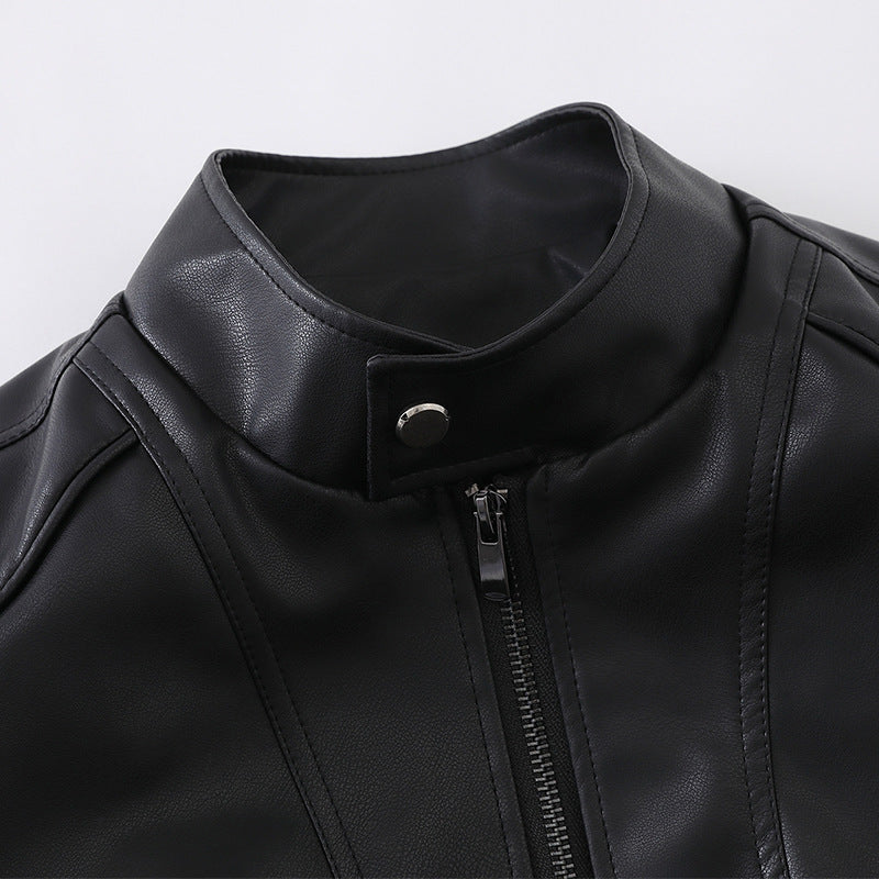 Men's Short Boxy Mock-Leather Jacket with Geometric Seam Design Mune Fashion
