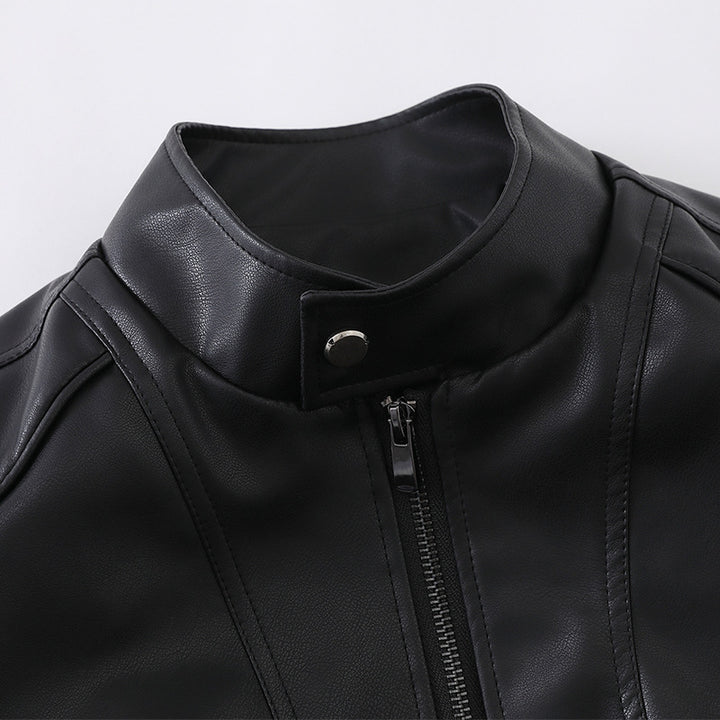 Men's Short Boxy Mock-Leather Jacket with Geometric Seam Design Mune Fashion