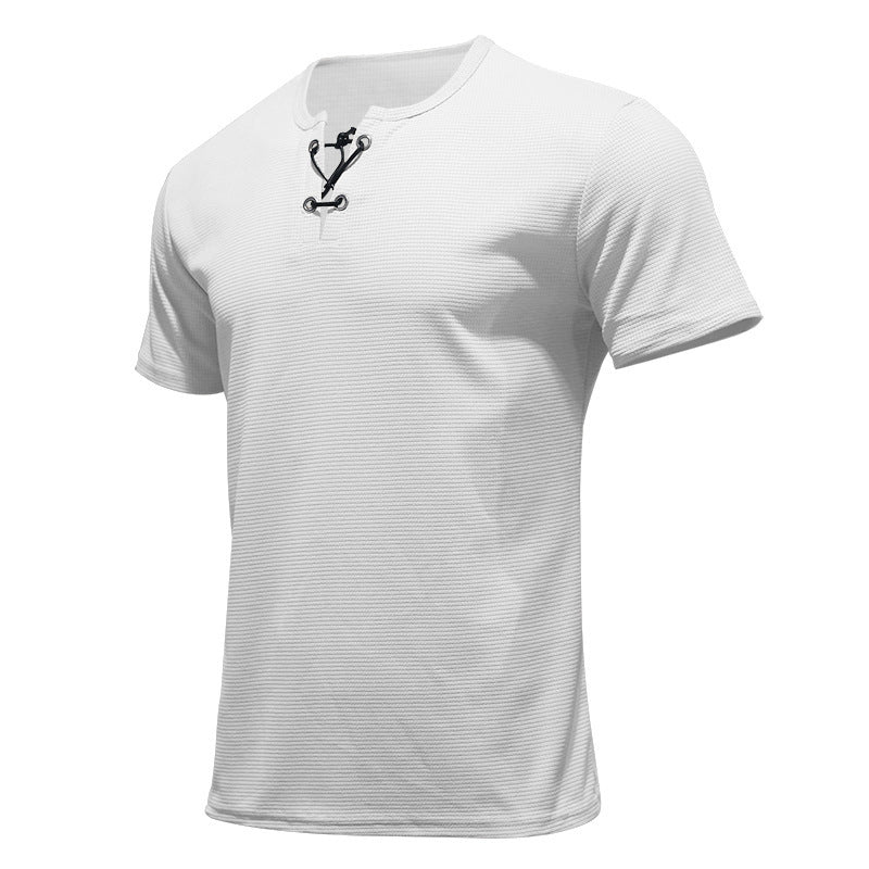 Men's short-sleeve shirt with lace collar, metal eyelets, and fine structured jersey Mune Fashion