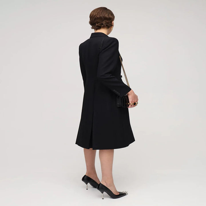 Women's fitted blazer dress-coat with contrasting shawl collar and flared skirt Mune Fashion