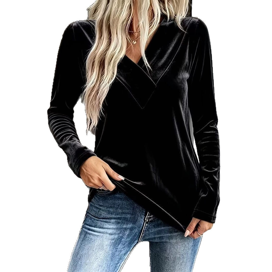 Women's Velvet Long Sleeve with Overlapping V-Neck and Feminine Draping Mune Fashion
