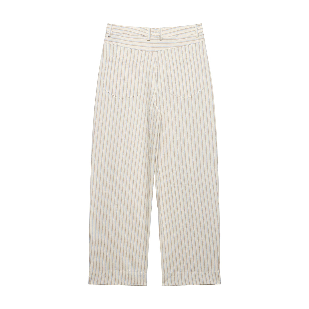 Ladies Wide Linen Trousers with High Waist, Striped Pattern and Patch Pockets Mune Fashion