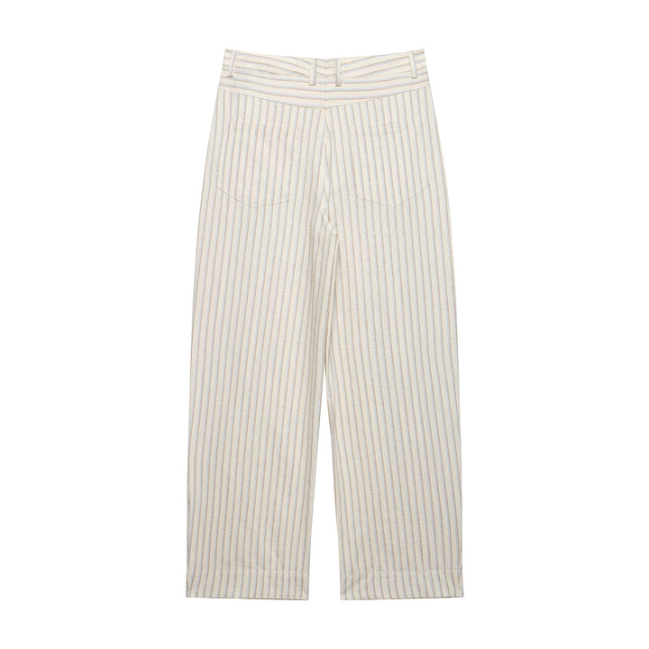 Ladies Wide Linen Trousers with High Waist, Striped Pattern and Patch Pockets Mune Fashion