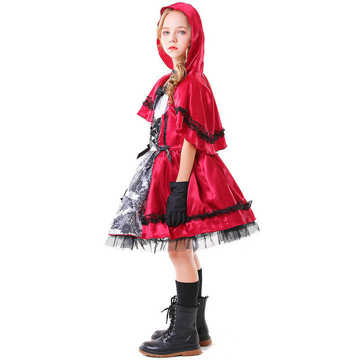 Girls Fairy Tale Little Red Riding Hood Costume with Elegant Tulle Skirt and Detail-Loving Cape Mune Fashion