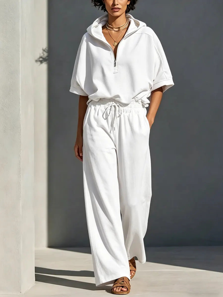 Women's Casual Lounge Set with Half-Zip Hoodie and Wide Palazzo Pants Mune Fashion