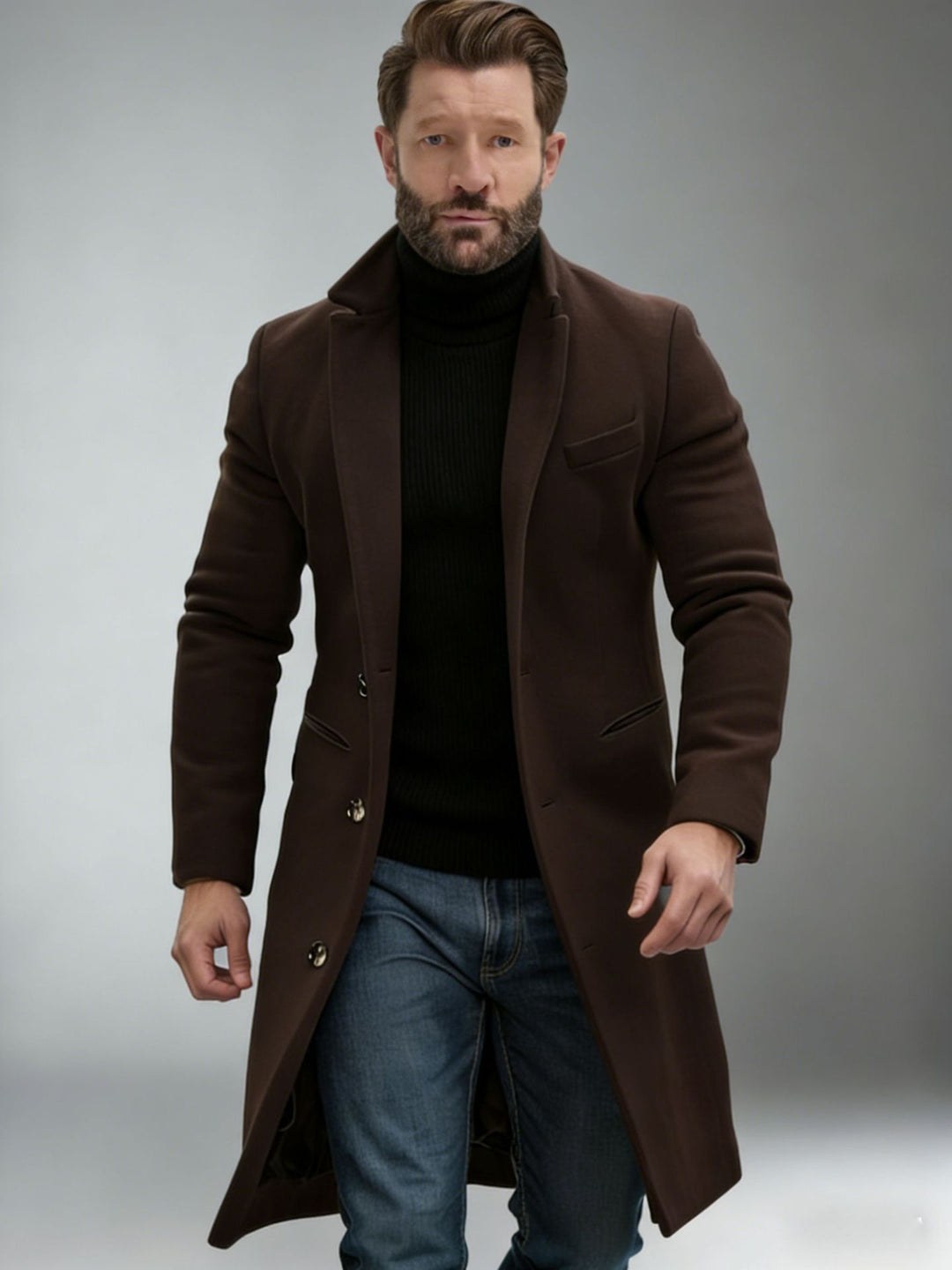 Men's Elegant Single-Breasted Long Coat Made of Wool Blend with Slim Silhouette and Lapel Collar Mune Fashion