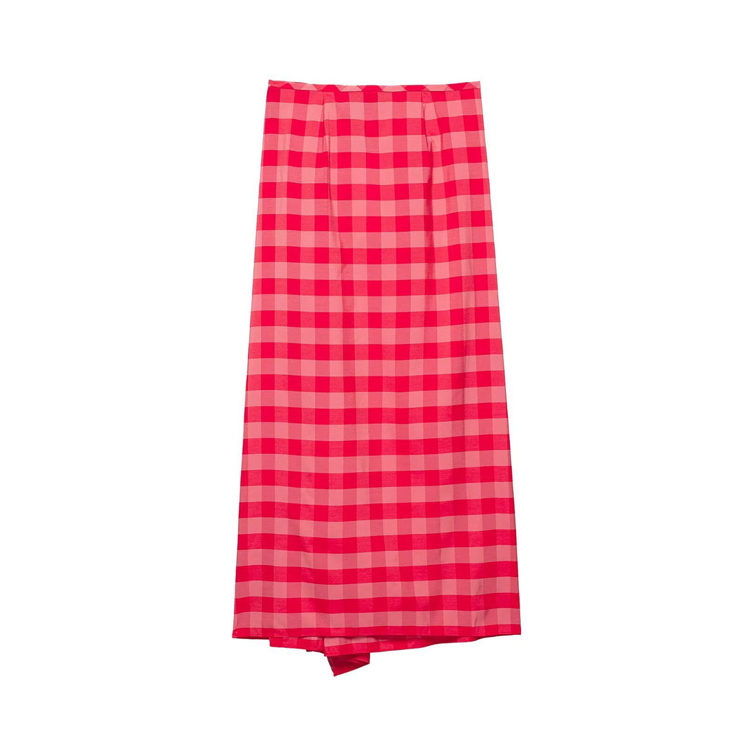 Women's midi skirt with Vichy check, wrap look and side ruffle Mune Fashion