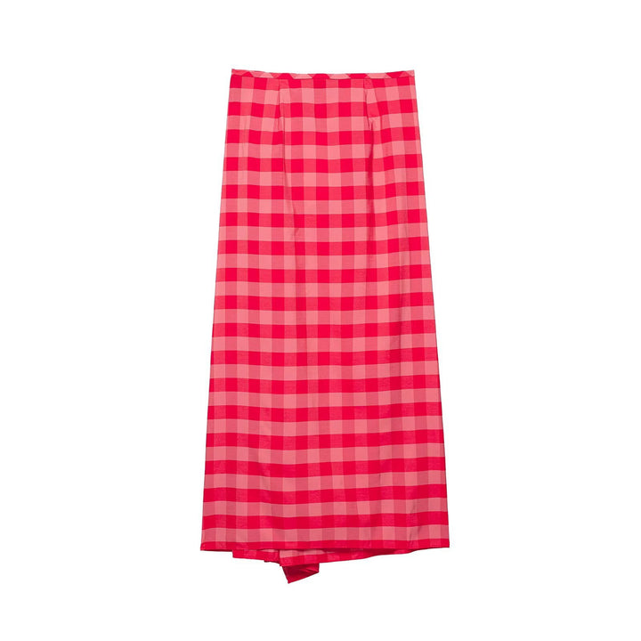 Women's midi skirt with Vichy check, wrap look and side ruffle Mune Fashion