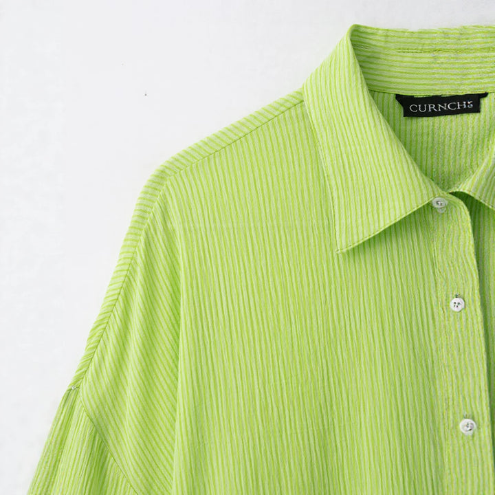 Women's Oversize Shirt Blouse made of Crinkle Fabric with Wide Sleeves and Continuous Button Placket Drune