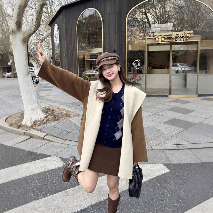 Women Short Wool Coat with Tie Belt and Oversized Shawl Collar Mune Fashion