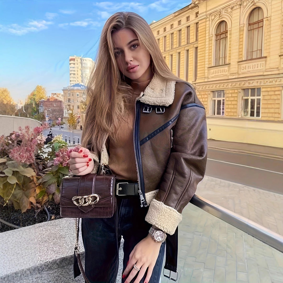 Women's trendy and stylish leather jacket with teddy lining
