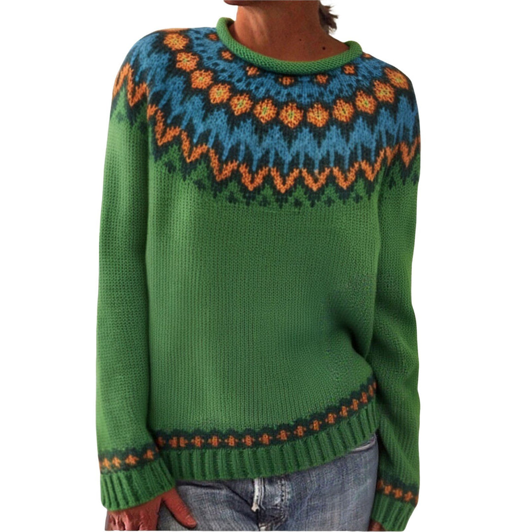 Women's gray marled round neck sweater with circular jacquard yoke and ribbed hem Mune Fashion