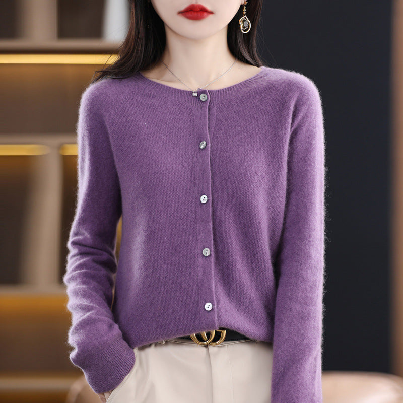 Women's Short-Cut Cardigan in Mohair-Look with Round Neckline and Pearl Buttons Mune Fashion