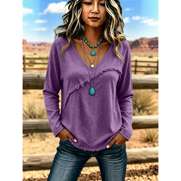 Women's Casual V-Neck Long Sleeve Shirt with Diagonal Fringed Trim and Textured Fabric Mune Fashion