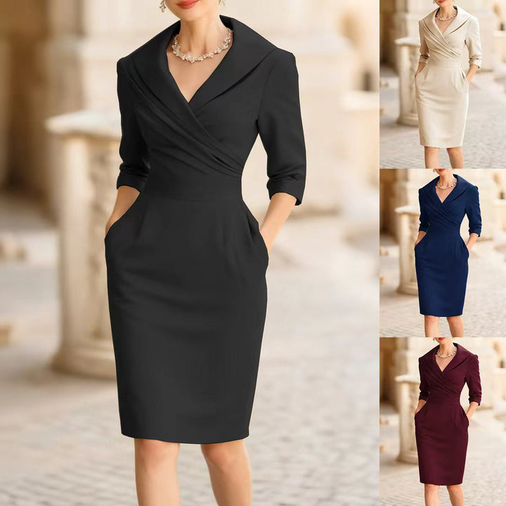 Ladies tailored pencil dress with wrap effect and shawl collar Mune Fashion