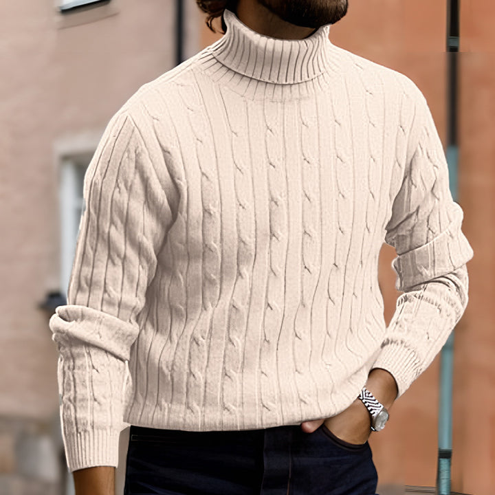 Men's ribbed turtleneck sweater with cable knit pattern and form-fitting slim-fit silhouette Mune Fashion