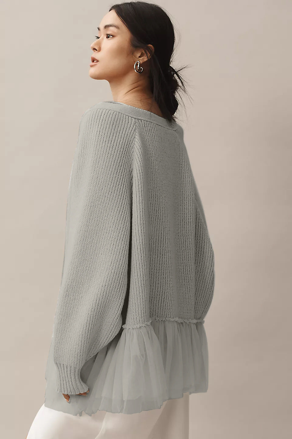 Women's Fashion Knit Sweater with Tulle Details