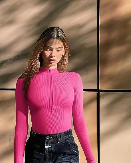 Women Slim-Fitting Ribbed Long Sleeve with Half Zip and Stand-Up Collar Mune Fashion