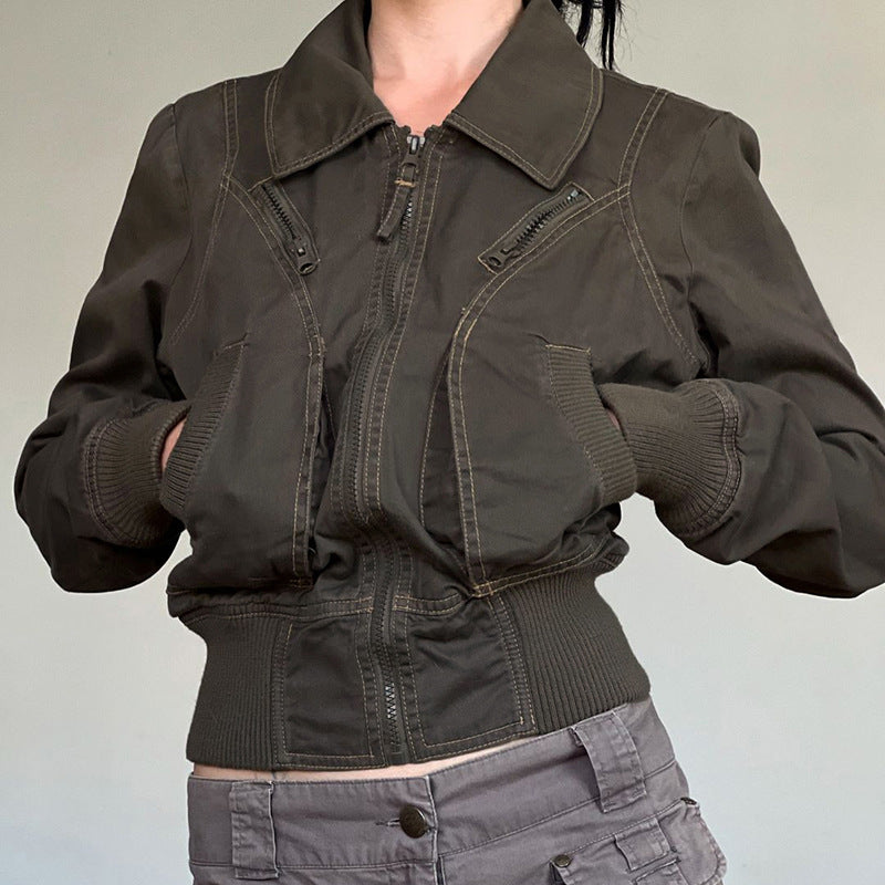 Women nan tailored bomber jacket with wide ribbed waistband, two slanted pockets and decorative zipper details Mune Fashion