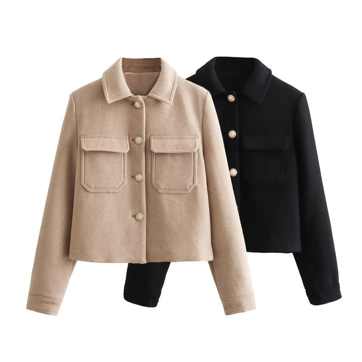 Women's short wool-look boxy jacket with patch pockets and classic collar Mune Fashion