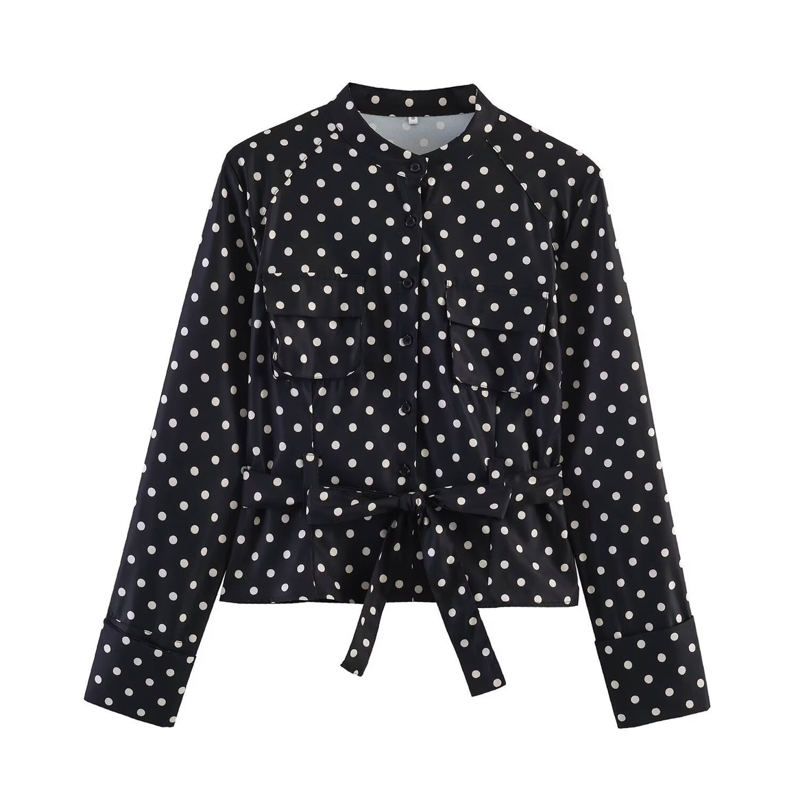 Women's Dotted Tailored Blouse Jacket with Stand Collar, Chest Pockets and Waistband Mune Fashion