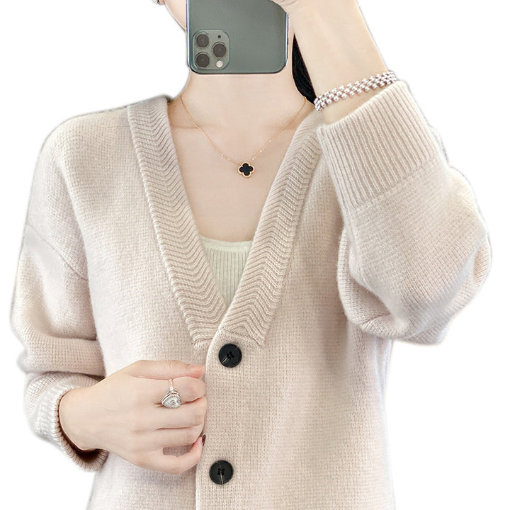 Ladies Soft Boxy Long Cardigan with Deep V-Neck and Fine Ribbed Edge
