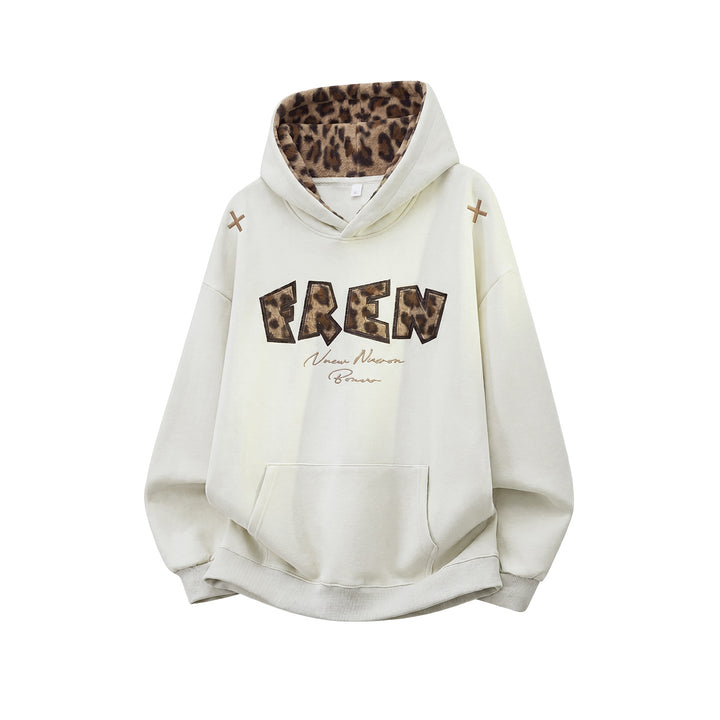 Ladies Oversize Hoodie with Lined Leopard Hood and Application Lettering Mune Fashion