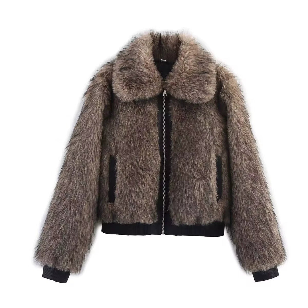 Women's Short Faux Fur Bomber Jacket with Voluminous Shawl Collar and Zipper Mune Fashion
