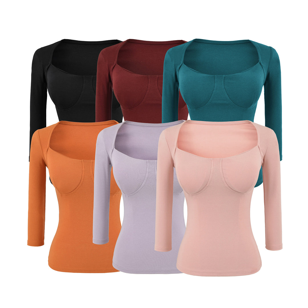 Women's Fitted Long Sleeve Top with Integrated Bustier Contour and Square Neckline Mune Fashion