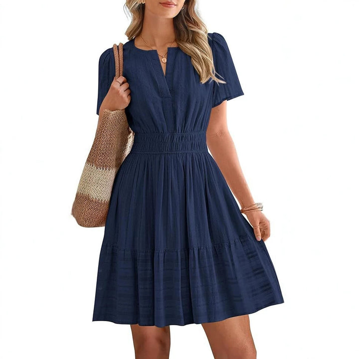 Women's Tailored Tiered Midi Dress with Smocked Waist, V-Neck and Pockets Mune Fashion