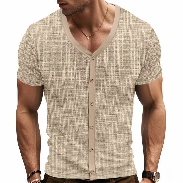 Men's short-sleeve fine knit cardigan with V-neck and continuous button placket Mune Fashion